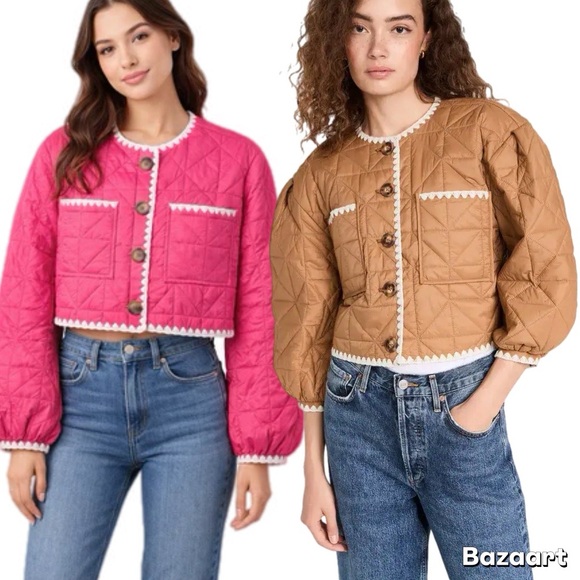 Anthropologie Reversible Blueb. Pink Tan Quilted Puffer Jacket Coat Cardigan top - Picture 5 of 6